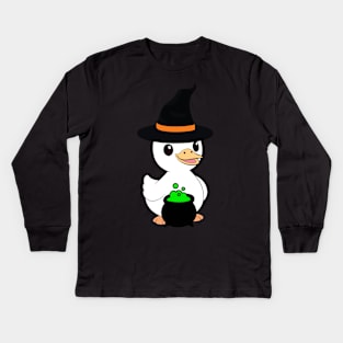 Funny fat duck is wearing a witch costume Kids Long Sleeve T-Shirt